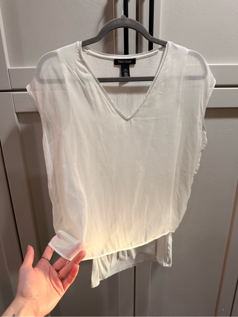 White House Black Market Ivory V-Neck Sheer Layered Top